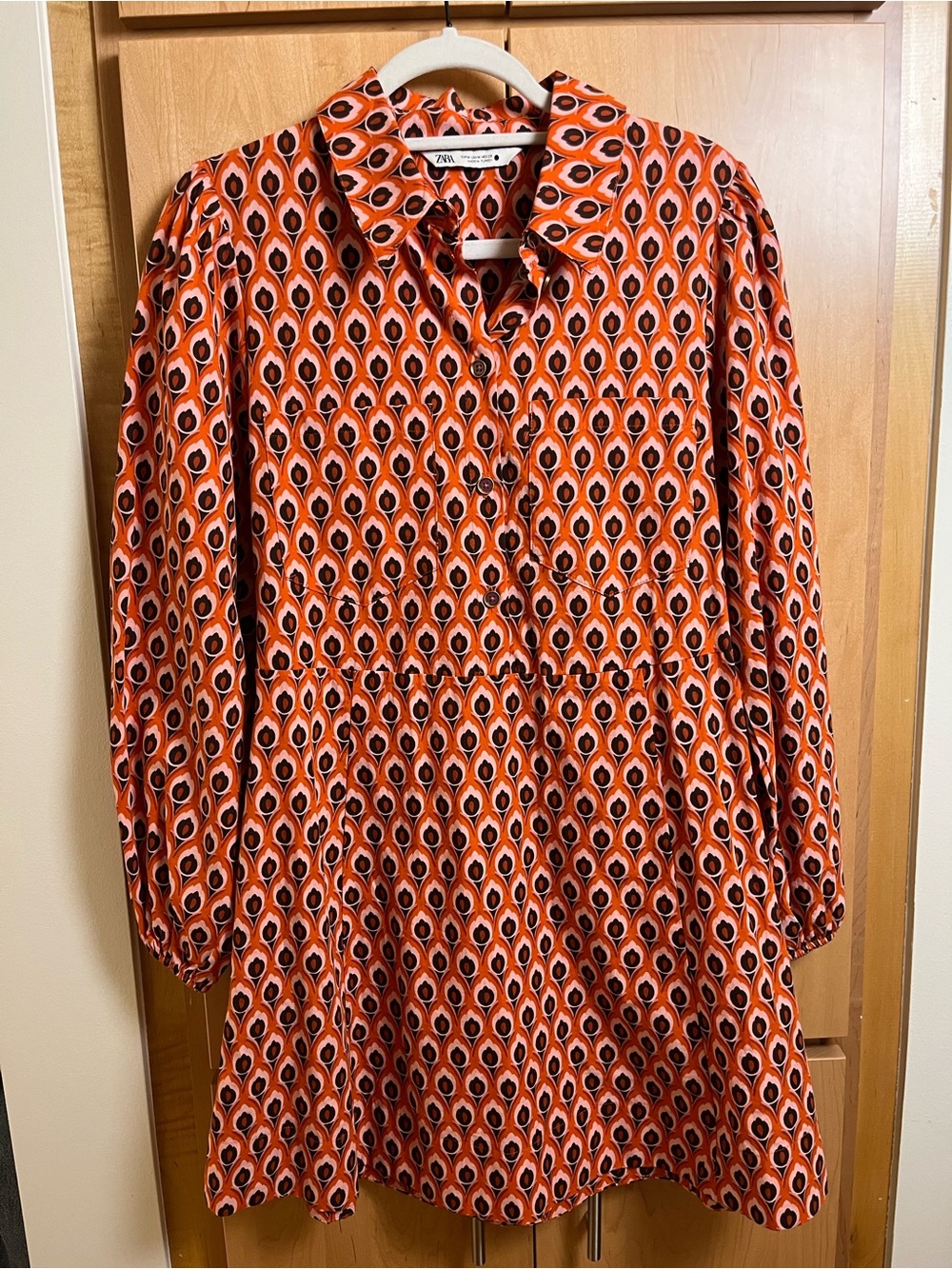 Zara women’s orange, pink and black mod shirt dress
